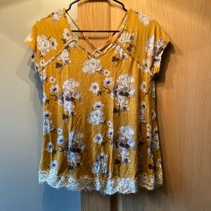 Gold floral top with lace detail